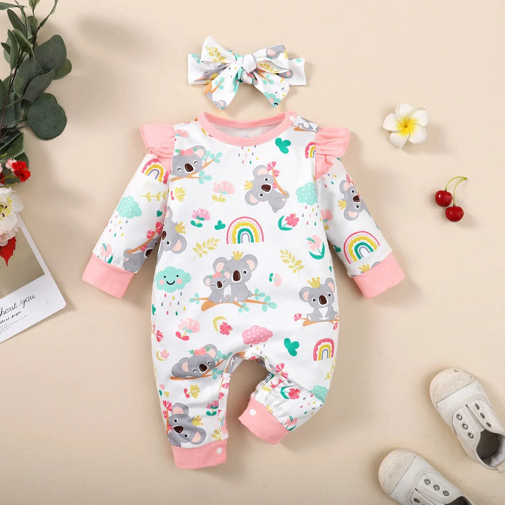 Neugeborenes Baby-Body für Mädchen, süßer kleiner Koala-Body + Stirnband, 2 Stück, passend für 1–12 Monate, Baby-Frühlings- und Herbst-Crawler-Anzug.