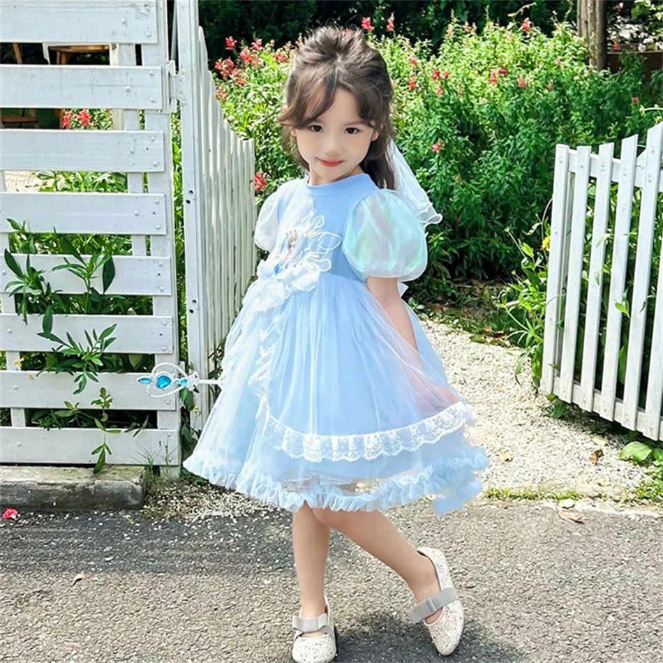 Mädchen Schneekönigin Spitze Schleife Prinzessin Kleid Elsa Cosplay Disney Performance Kleidung Kinder Halloween Karneval Party Fee Outfits