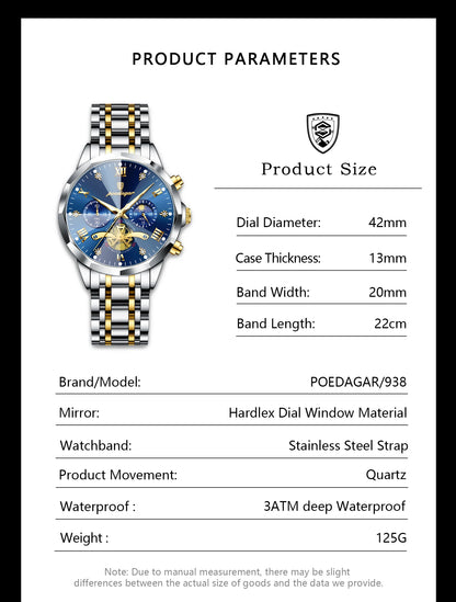 POEDAGAR Luxury Men Watch Top Original Waterproof Luminous Chronograph Man Wristwatch Stainless Steel Quartz Men's Watches Reloj.