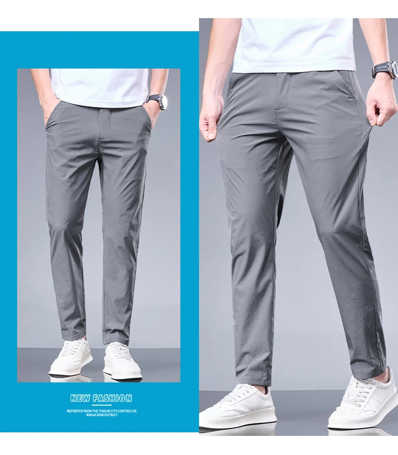 Summer New Business Ice Silk Pants Straight Elastic Waist Black Gray Trousers Breathable Simple Male Clothing Casual Suit Pants.