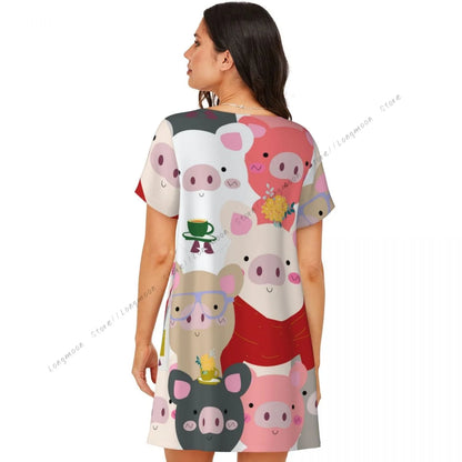 Sommer-Damen-Pyjama, Vintage-Stil, süßes Babyschwein, blau, grau, Pastell, Cartoon-Comic-Kunst, kurzärmeliges Nachthemd, dünner langer Rock, Homewear.