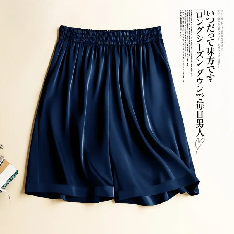 High Waist Ice Silk Acetate Shorts Pants Women's Summer Thin Satin Cropped Pants Casual Loose Plus Size Pajamas Women Shorts