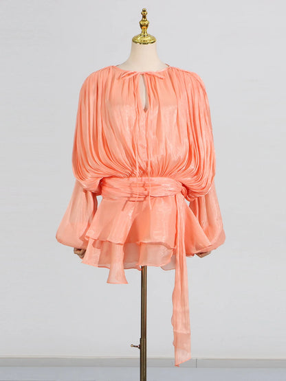 GALCAUR Solide Lose Splicd Lace Up Kleider Für Frauen V-ausschnitt Mit Langen Ärmeln Patchwork Rüschen Tunika Kleider Weibliche Mode Neue