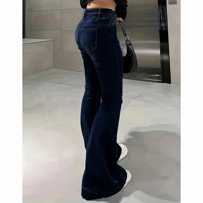 2025Mädchen Concise Ins Hohe Taille Ausgestellte Jeans Weibliche Stretchy Bootcut Denim Hosen Frauen Einfarbig Dünne Schlaghosen.