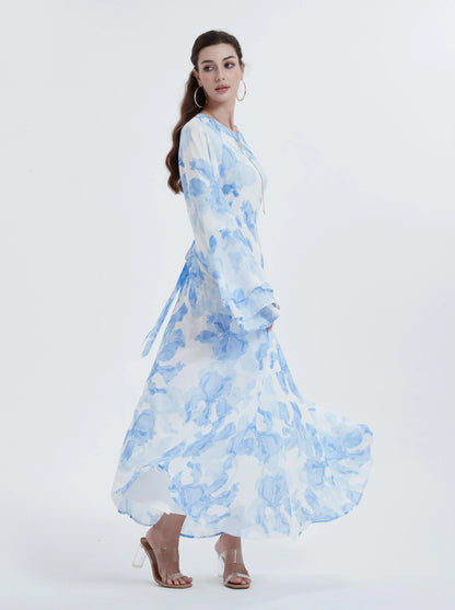 Ramadan kebaya Muslim women's chiffon print flared sleeve dress headscarf two-piece set.