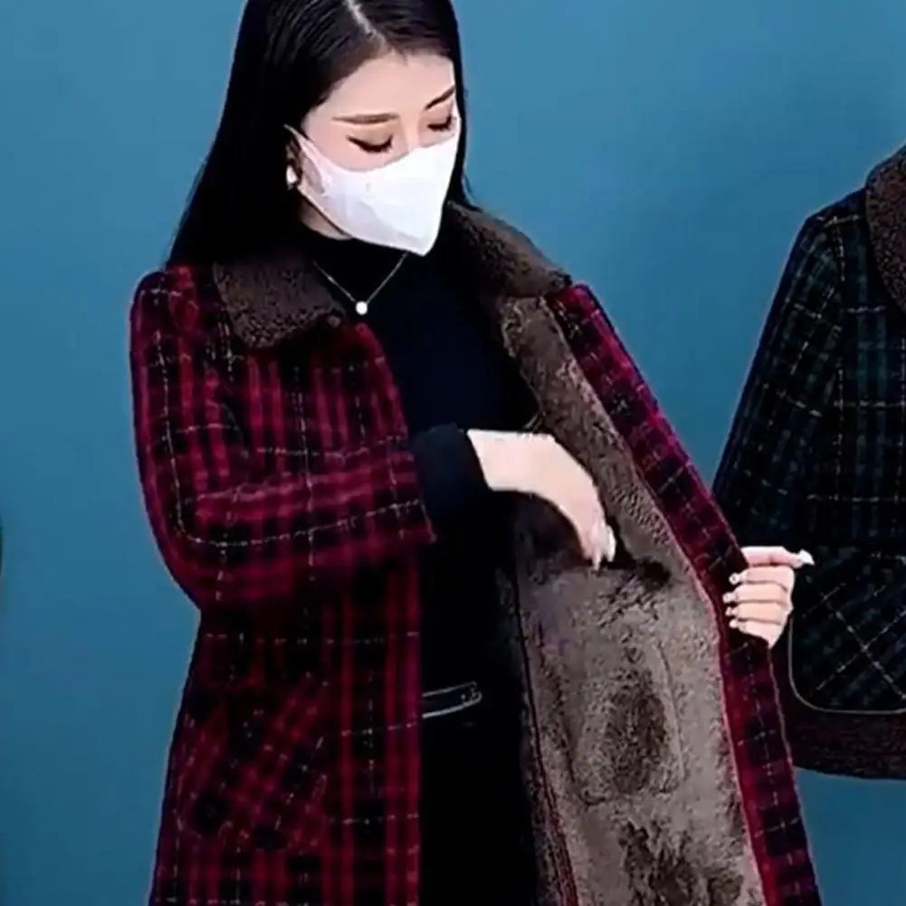 Frauen Plaid Mantel Karierten Winter Mutter Jacke Taschen drehen-unten Kragen einreiher Mid Länge Mantel Mid-aged frauen Mantel.