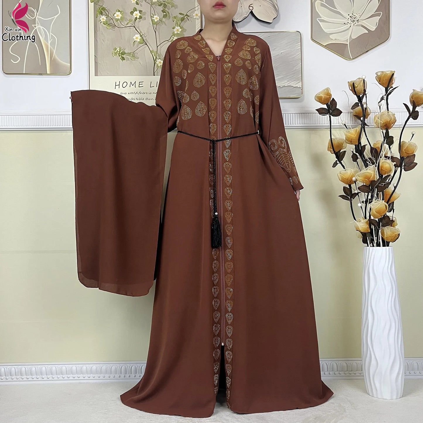 New Style Women Muslim Dress Chiffon Open Abaya 2024 Dubai Women Elegant Dress Islamic Clothing Zipper Cardigan Abaya With Scarf