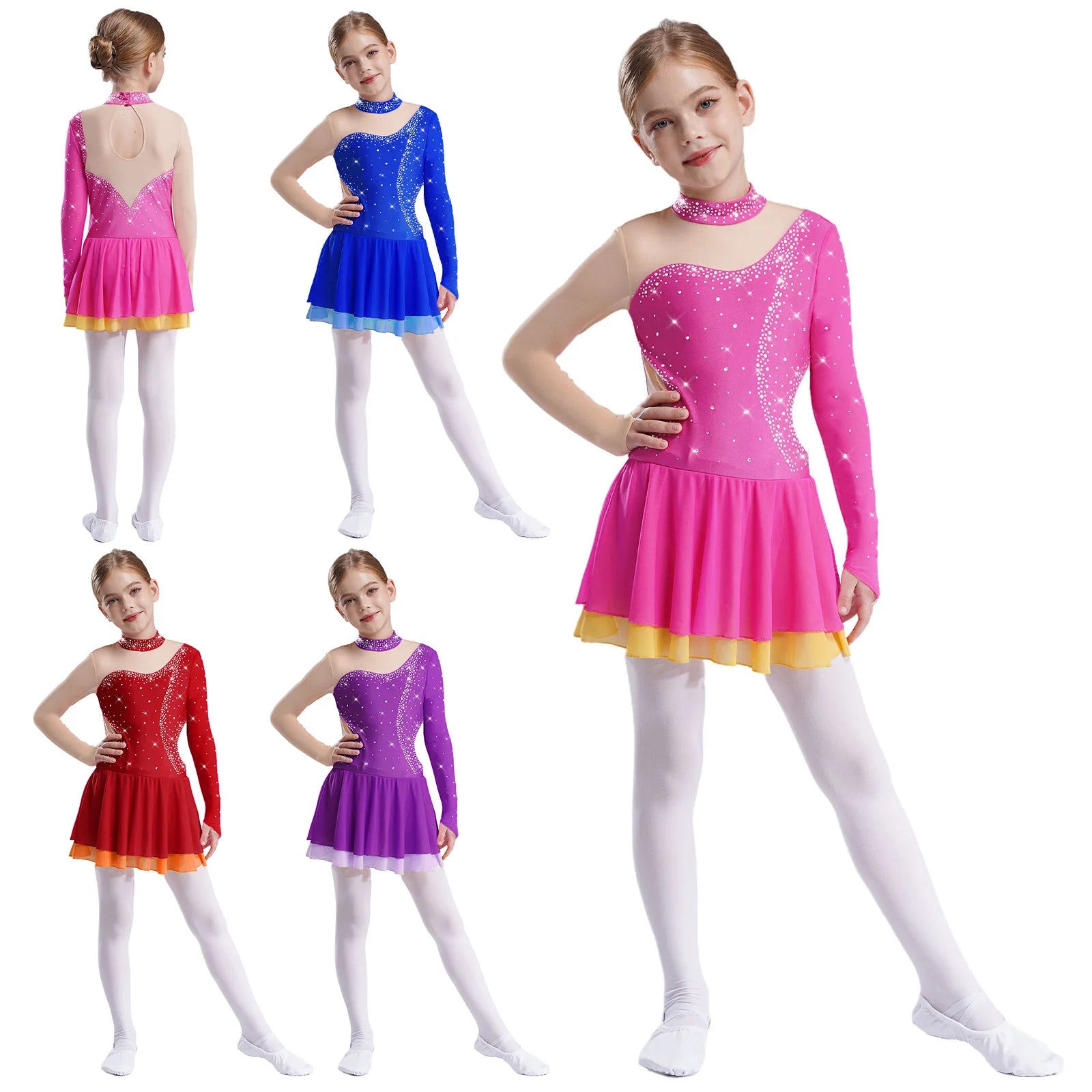 Kinder Mädchen Eiskunstlauf Kleid Lyrical Ballett Tanz Rhythmische Gymnastik Leistung Kostüm Langarm Strass Trikot.