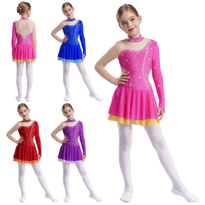 Kinder Mädchen Eiskunstlauf Kleid Lyrical Ballett Tanz Rhythmische Gymnastik Leistung Kostüm Langarm Strass Trikot.
