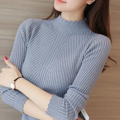 Frauen Mock Neck Rüschen Pullover Langarm Gestrickte Bodenbildung Solide Pullover Frauen Casual Streifen Pullover Herbst Winter 2023.