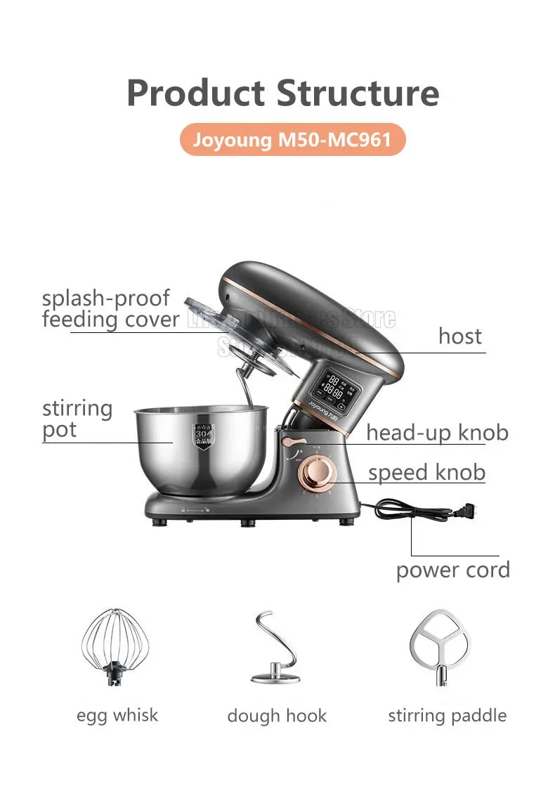 Joyoung 5L Stand Dough Mixer For Kitchen Cream Whisk Cake Dough Blender With Stainless Steel Bowl 6 Gears Chef Machine