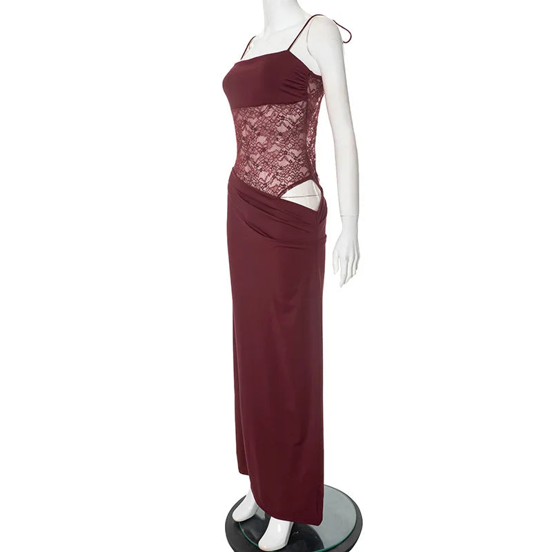 Elegante Spitzen-Maxikleider für Frauen 2022, sexy Spaghettiträger, Patchwork, Feiertage, Partykleid, Sommer, rückenfrei, langes Kleid.