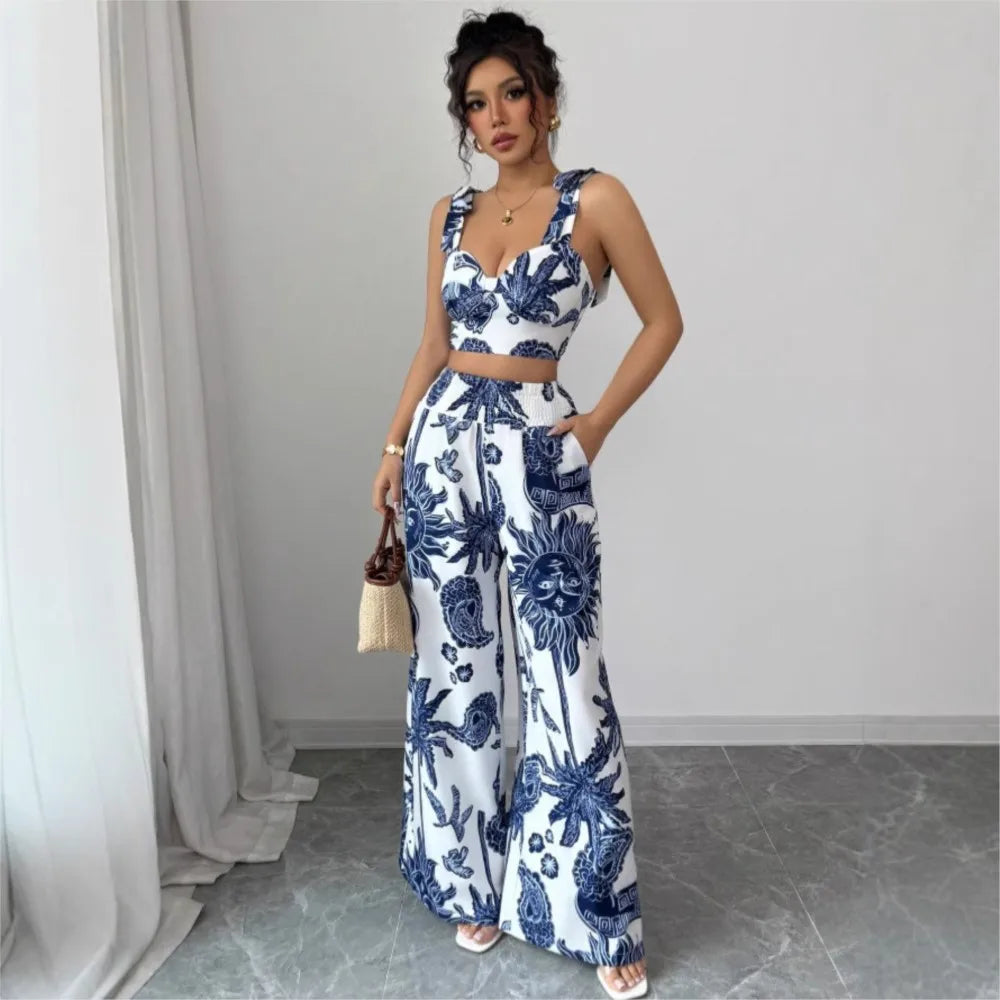 Sexy Strapback Halter Tops Long Pants Female 2-piece Set Summer Fashion Printed Wide-leg Pocket Trousers Elegant Women's Suit.