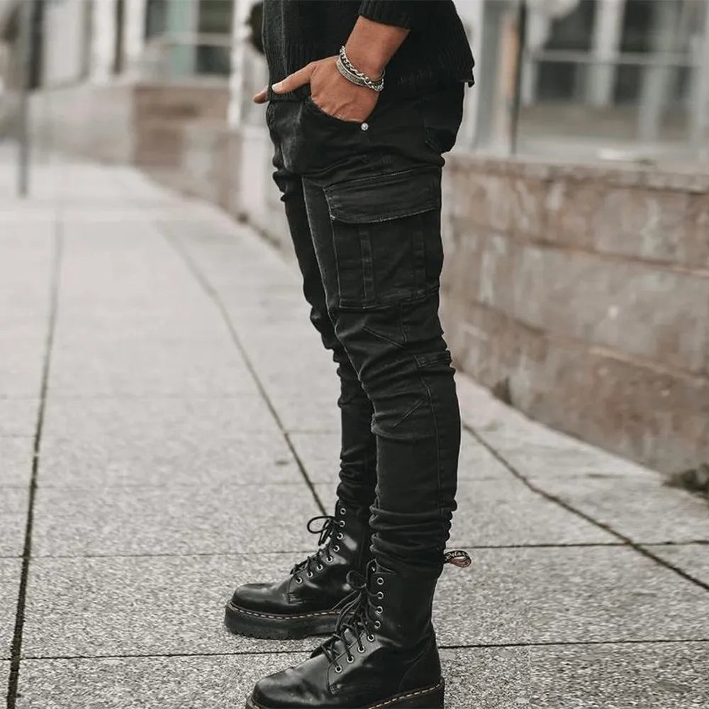 Street Elastic Jeans Men Denim Cargo Pants Wash Solid Color Multi Pockets Casual Mid Waist Trousers Slim Fit Daily Wear Joggers.
