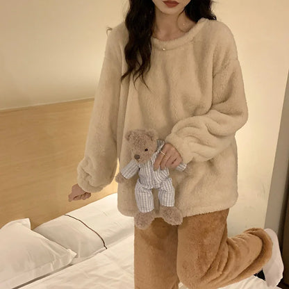 Winter Fleece Women Pajamas Set  Sleepwear Solid Velvet 2 Piece Pant Home Suit Fluffy Casual Warm Flannel Night Wear