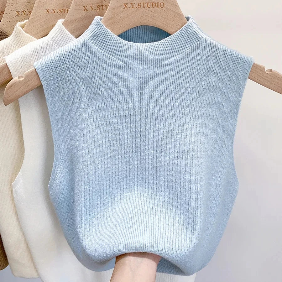 Frühling Herbst Temperament Gestrickte Pullover Weste frauen Hälfte-rollkragen Leibchen Cropped Top Ärmelloses Tank Top.