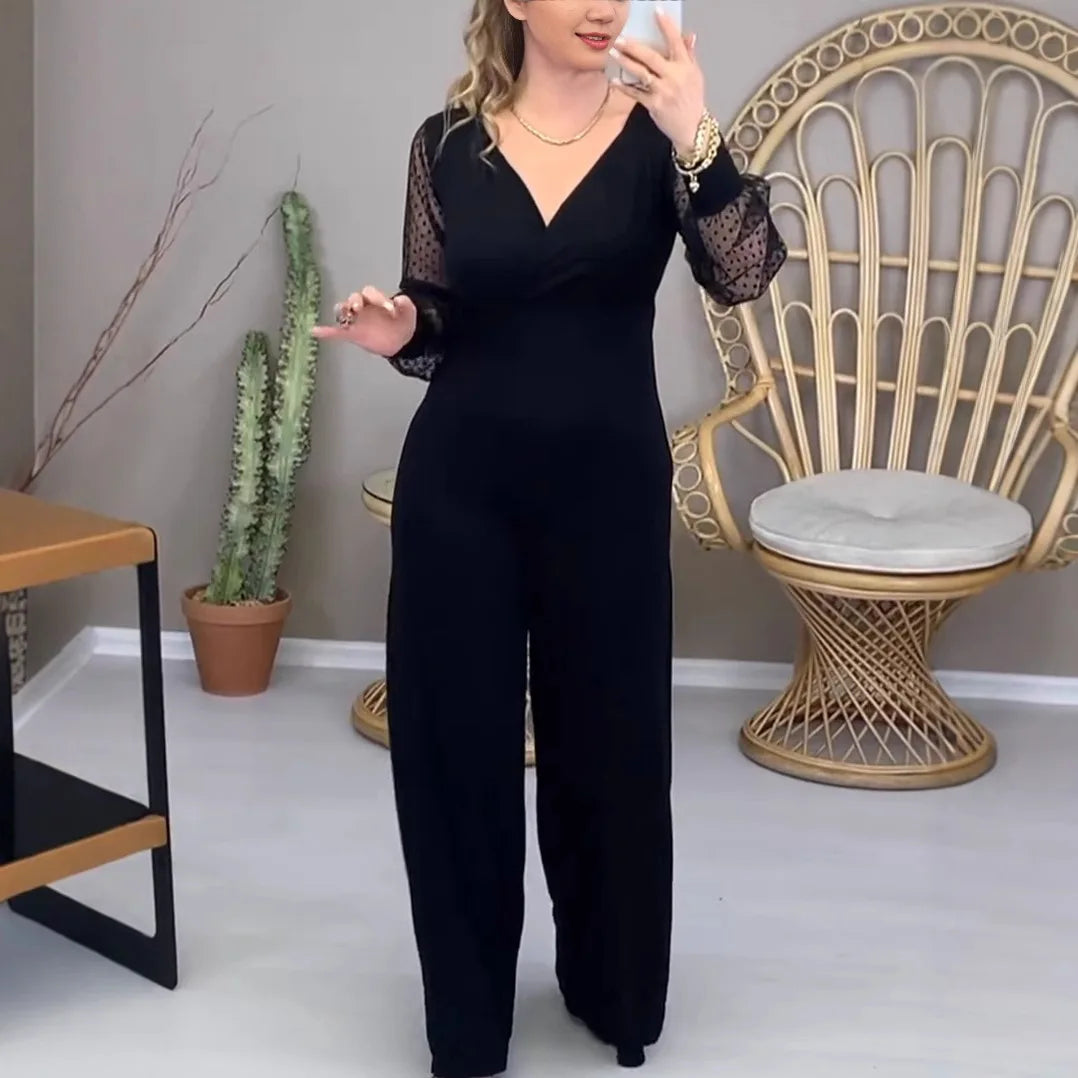 Jumpsuits Women One Piece Wide Leg Pants V Neck Gauze Long Sleeve Tight Waist Straight Trousers 2025 Office Lady Overalls.