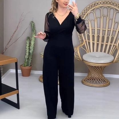 Jumpsuits Women One Piece Wide Leg Pants V Neck Gauze Long Sleeve Tight Waist Straight Trousers 2025 Office Lady Overalls.