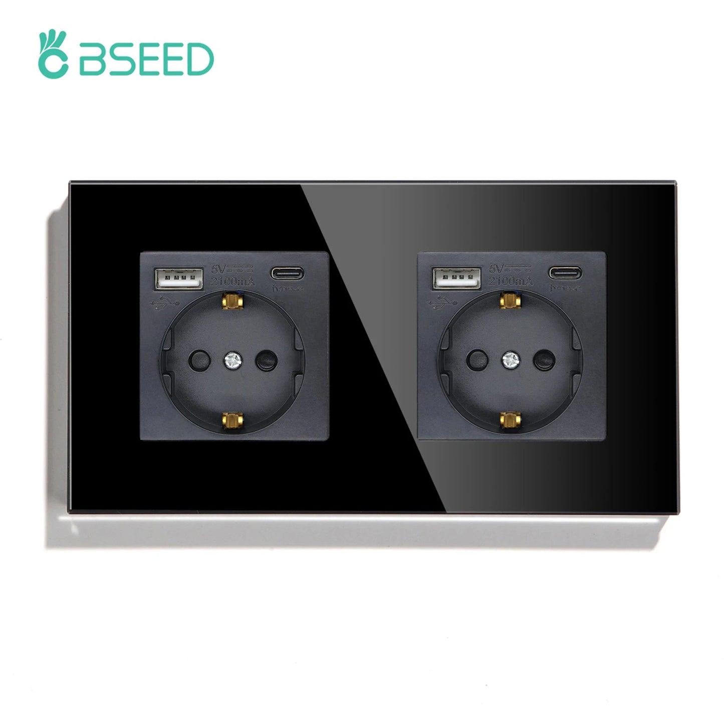 BSEED Einzel-EU-Glassteckdose mit USB-Wandsteckdosen, doppelte Steckdosen, dreifache Steckdosen, USB-Typ-C-Anschlüsse, Schwarz, 16 A