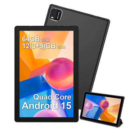 BAKEN Android 15 tablet, 10-inch, 12 (3+9)GB RAM + 64GB ROM, quad-core, 6000mAh battery, includes a free protective case.
