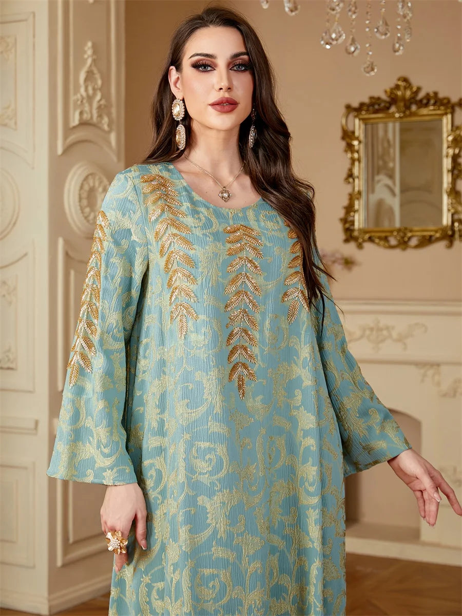 Siskakia Ramadan Dubai Elegant Floral Print Abayas For Muslim Women's Jacquard Beading Kebaya O-Neck Long Dresses.