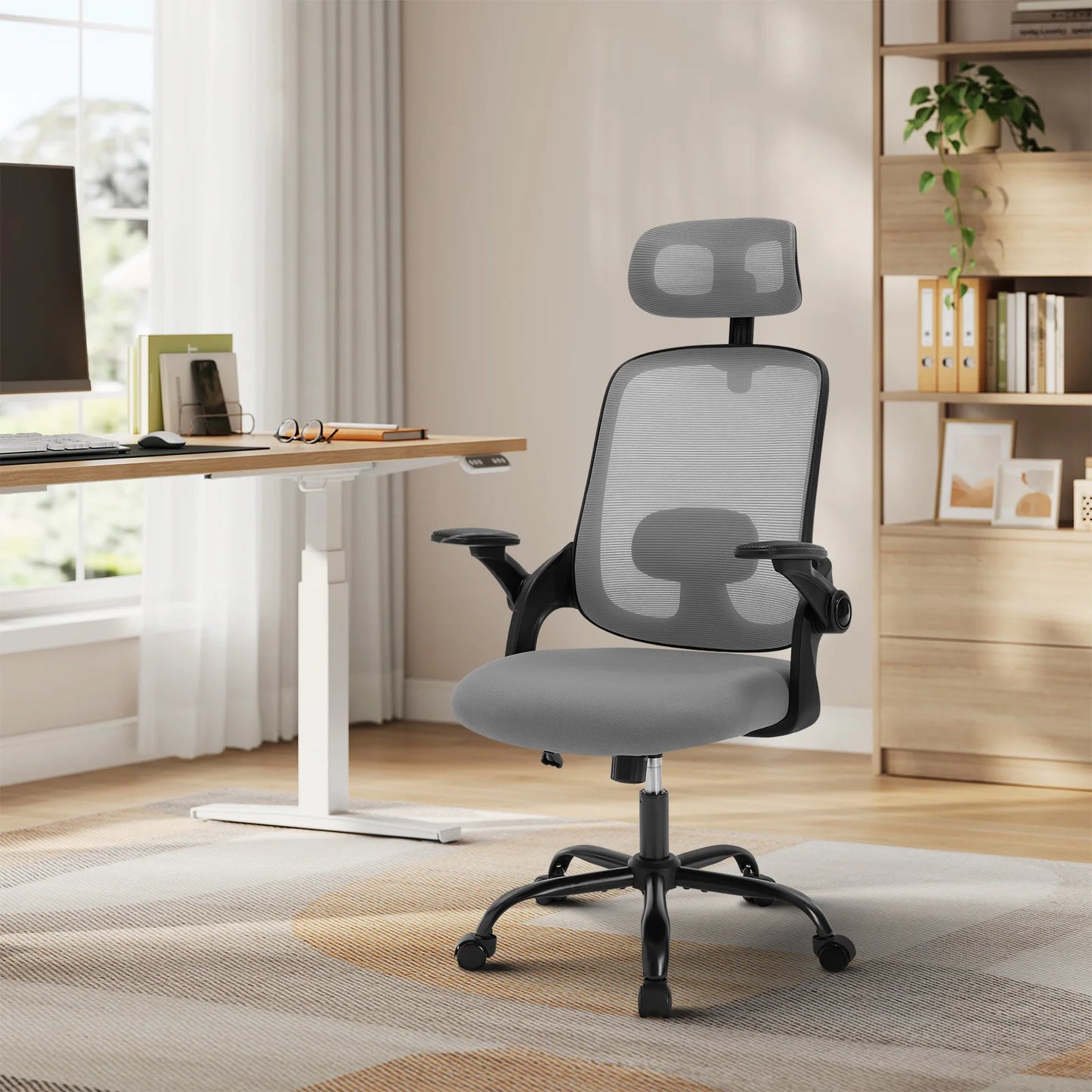 Ergonomischer Büro-Computer-PC-Schreibtischstuhl, drehbarer Netzstuhl mit Rollen, verstellbare Kopfstütze, Lordosenstütze, Heimarbeitsstuhl