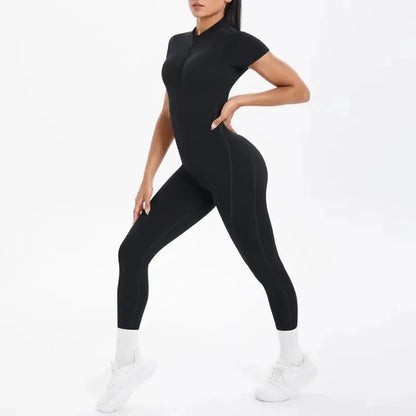 New Women's Yoga Jumpsuit Front Zipper Tight Back Hollow Out Short Sleeve-pants Activewear for Fitness Running Gym Workout.