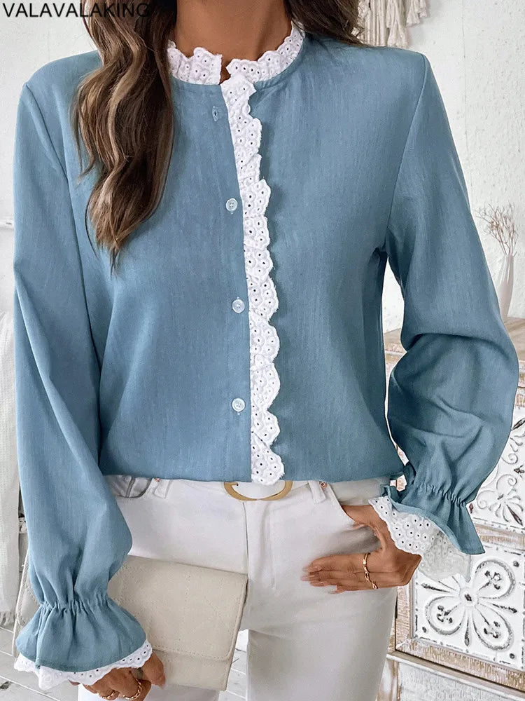 2025 Autumn Female Solid Ruffle Shirt Women Casual Lantern Long Sleeve Top Spring Office Lady Single Breasted Tops Clothes.