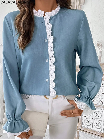 2025 Autumn Female Solid Ruffle Shirt Women Casual Lantern Long Sleeve Top Spring Office Lady Single Breasted Tops Clothes.