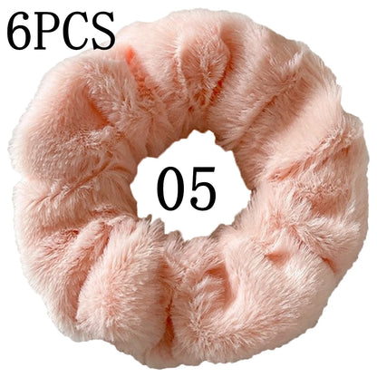 6pc Hair Scrunchies Furry Elastic Band Women Girl Ponytail Holder Rubber Ties Accessories Plush Faux Fur Soft Chiffon Headband