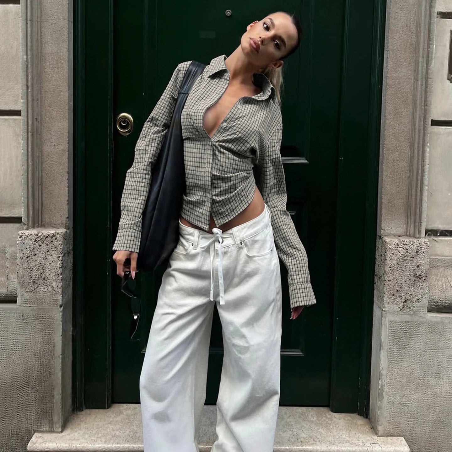 2025 Autumn Winter Women Vintage Long Sleeve Checkered Shirt Design Crop Blouse Y2k 2000s Top Stylish High Street Gyaru Coquette.