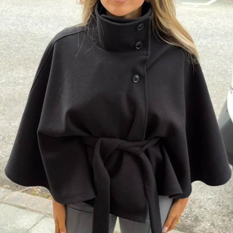 Straße Batwing Hülse Cape Gürtel Mäntel Frauen Lose Solide Stehkragen Einreiher Jacke 2025, Herbst Dame Alle-spiel chic Mantel.