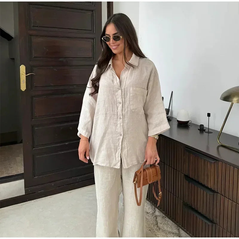 Women Vintage Solid Loose Pants Suit Lapel Single Breasted Long Sleeve Shirt Wide Leg Pants 2 Pcs Set 2025 New Ladies Streetwear.