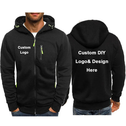 Men's hooded zipper jacket with pockets, custom logo image text, casual sports streetwear, men's cardigan wool sweater, fashion.