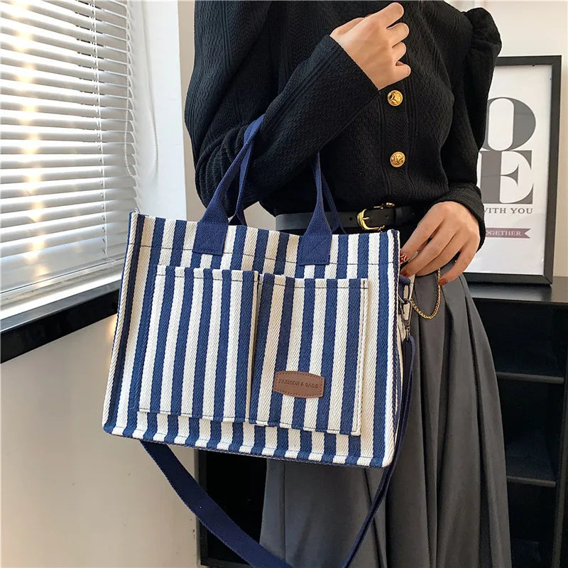 Cool Street Handbag, Large Capacity Women's Shoulder Bag, Trendy Striped Canvas Crossbody Bag, Fashion Travel Shopping Tote Bag.