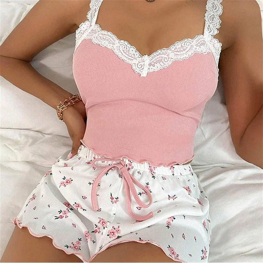 Zweiteiliges Sommer-Pyjama-Set für Damen, gerippt, gestrickt, Blumendruck, Spitzenbesatz, Leibchen, Weste und Schleifen-Shorts, sexy Pyjama-Set.