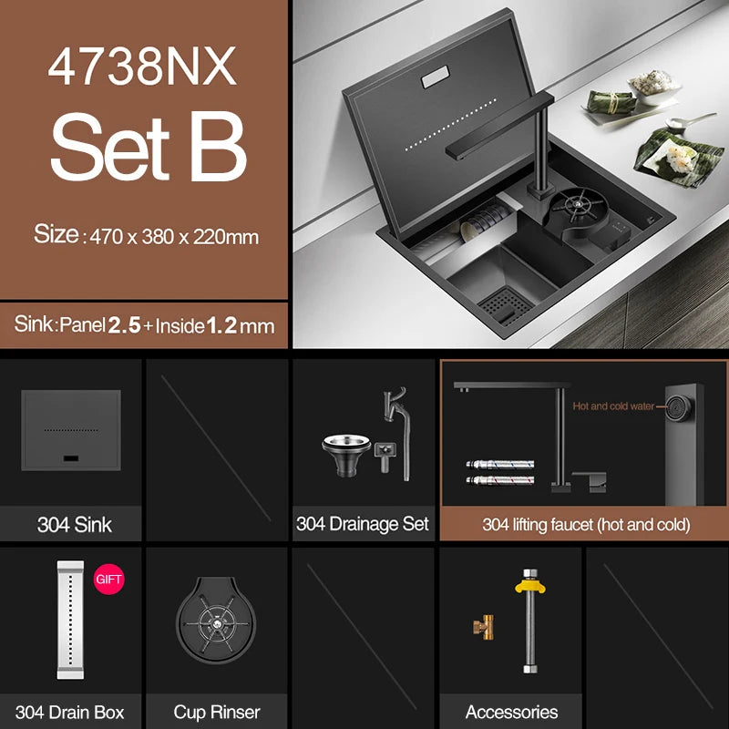 Nanometer Hidden Bar Island kitchen Sink 304 Stainless Steel Flip Cover Hidden Handmade Small Size kitchen Sinks With Cup Rinser