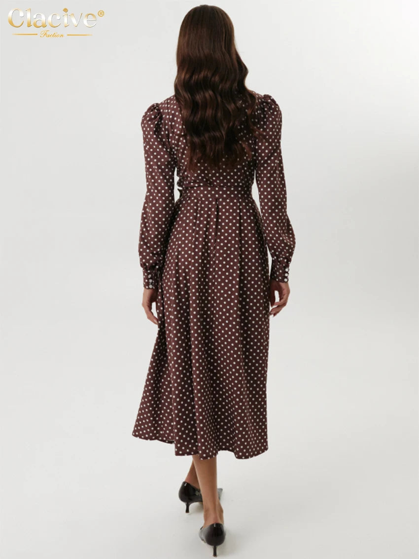 Clacive Mode Lose Druck Frauen Kleid 2025, Casual Revers Langarm Büro Dame Midi Kleider Elegante Klassische Gürtel Weibliche Kleid.