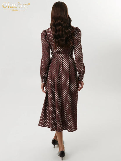 Clacive Mode Lose Druck Frauen Kleid 2025, Casual Revers Langarm Büro Dame Midi Kleider Elegante Klassische Gürtel Weibliche Kleid.