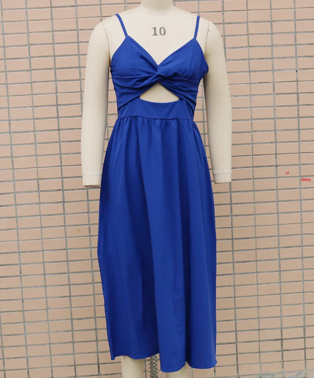 Damenbekleidung im neuen Stil von Amazon, Tank-V-Ausschnitt, großes Swoop-Kleid, schlank, dass Sie Ihre Silhouette glättet, mittellanges Kleid mit offenem Rücken.