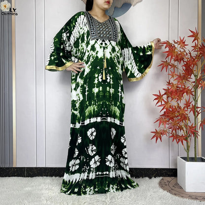 2025 New African Abaya For Women Dress Loose Batwing Sleeve Pockets High-quality Tie-dye Pure Cotton Fabric Women Islam Clothing.