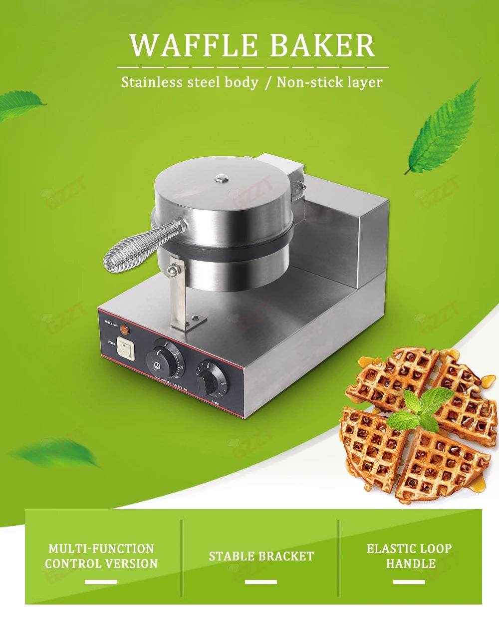 GZZT Commercial Double Head Waffle Maker 4-Piece Non-stick 2000W Adjustable Temperature 50-300℃ High-Efficiency Snack Machine.