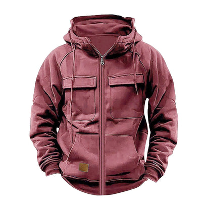 New Autumn Winter Men's Hooded Solid Hoodies Jackets Multi Pockets Male Zipper Sweatshirts Sports Outdoor Casual Hoodie Coat.