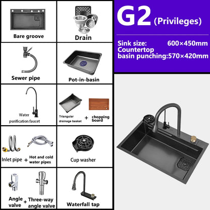 Waterfall Sink Kitchen Stainless Steel Topmount Sink Large Single Slot Wash Basin With Multifunction Touch Waterfall Faucet