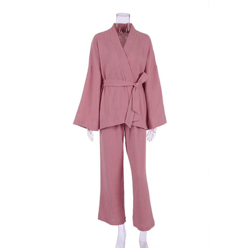 NHKDSASA Kimono Pajamas 2023 New 100% Cotton Crepe Long-Sleeved Trousers Ladies Sleepwear Suit Women's Home Service Mujer