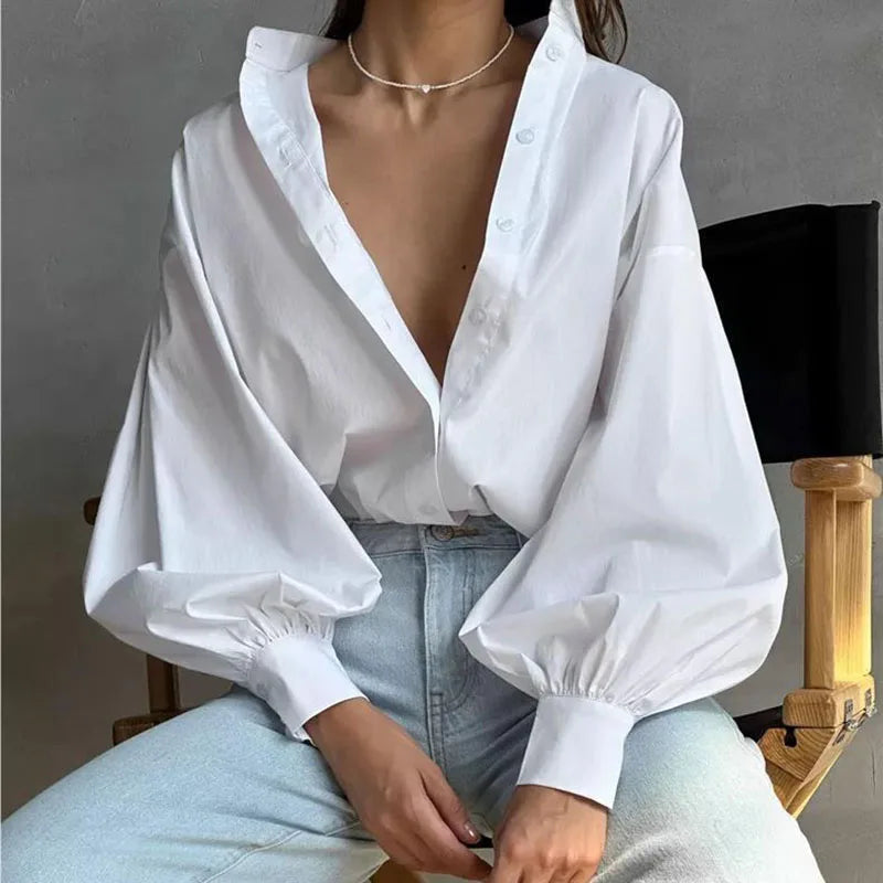 Women's Lantern Sleeve Oversized Blouse 2025 New Casual Loose Streetwear Black White Shirt Woman Vintage All-Match Basic Blusas.