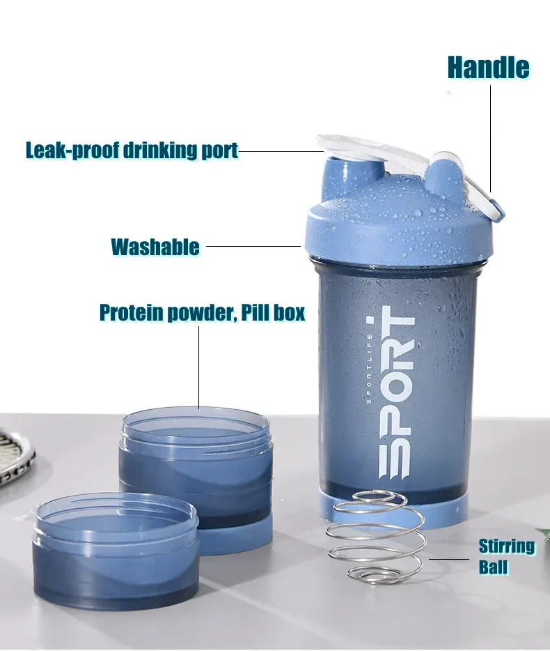 500ML 3-layer Sports Water Protein Powder Shaker Bottle Outdoor Travel Portable Leakproof Drinkware Plastic Drink BPA Free.