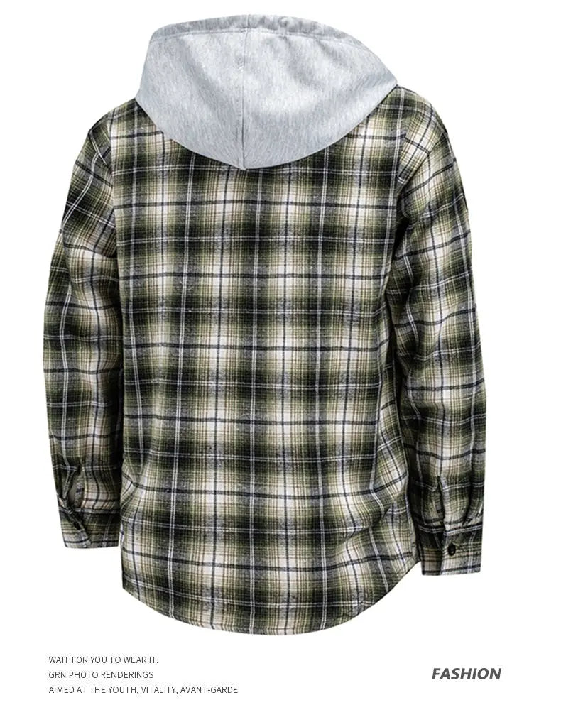 Hooded men's and women's wearable plaid shirts, Japanese shirt jackets for spring and fall, loose-fitting long-sleeve jackets..