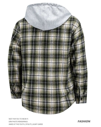 Hooded men's and women's wearable plaid shirts, Japanese shirt jackets for spring and fall, loose-fitting long-sleeve jackets..