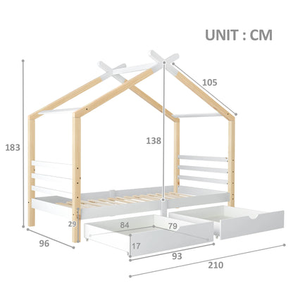 KOMHTOM Kinderbett Hausbett 90x200 cm, Massivholz Kiefernholz mit Schubladen und Lattenrost